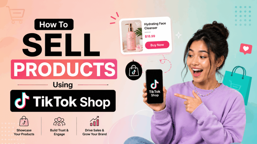 Woman holding a TikTok Shop phone beside bold “Sell Products” text and shopping graphics.
