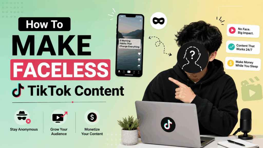 Anonymous creator with laptop promoting faceless TikTok content creation.