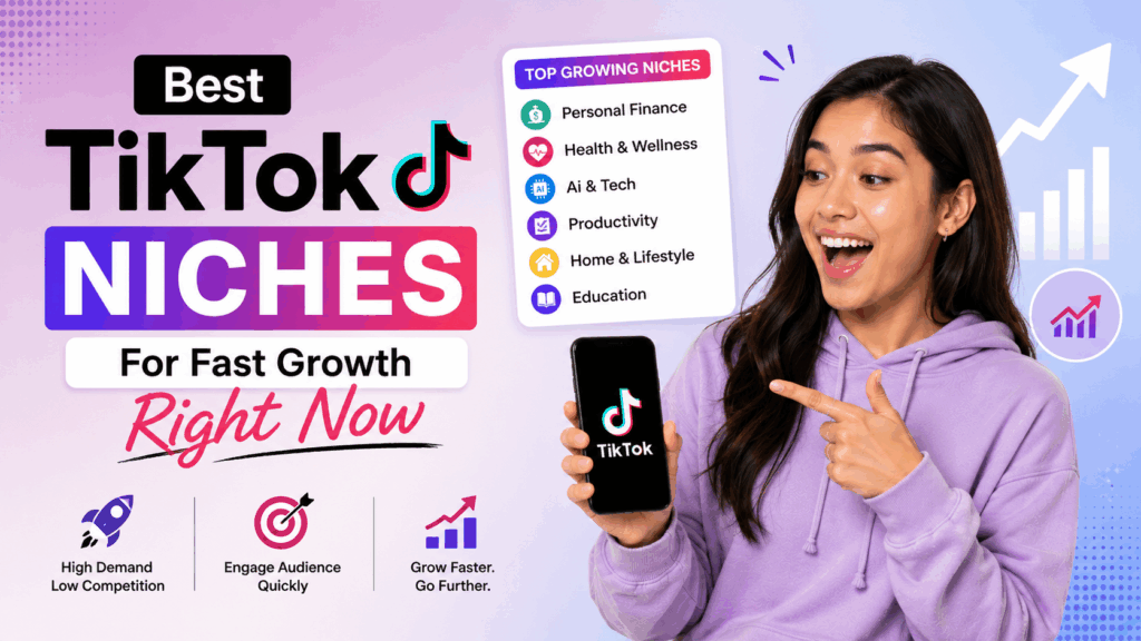 Woman holding a TikTok phone beside “Best TikTok Niches” text and growth-themed graphics.