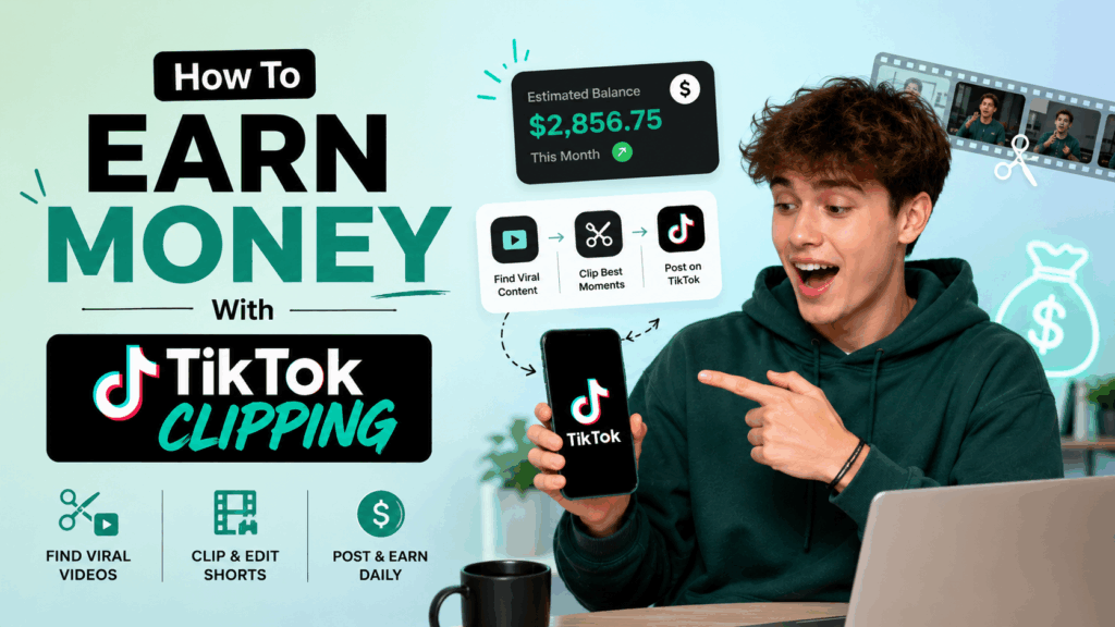 Young man holding a TikTok phone beside “Earn Money” text and video clipping graphics.