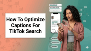 An educational infographic banner titled "How To Optimize Captions For TikTok Search," featuring a young woman holding a magnifying glass to a smartphone displaying a post editor and keywords. Text cards analyze "Caption Length," "Keyword Placement," and "Keyword Search Volume," while network icons and a background grid relate to keywords and search terms.