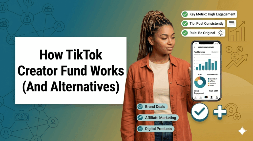 An educational infographic banner titled "How TikTok Creator Fund Works (And Alternatives)". A woman with braided hair holds a smartphone displaying charts of fund earnings and views. The banner features checklist items like "Rule: Be Original" and a list of monetization alternatives, including "Brand Deals" and "Digital Products", set against a blue and yellow gradient background with monetization icons.
