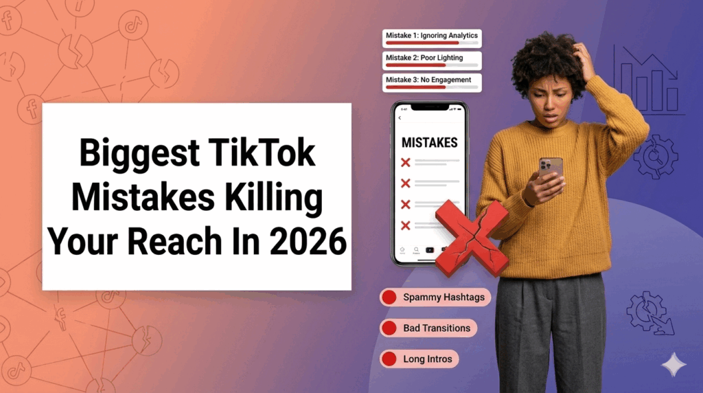 An informational banner titled "Biggest TikTok Mistakes Killing Your Reach In 2026." On the left, large text displays the title against a coral background with broken network icons. On the right, a confused-looking woman in a yellow sweater and gray pants holds a smartphone, scratching her head. The phone screen lists "MISTAKES" with red 'X' marks, and text boxes above and below list errors like "Mistake 1: Ignoring Analytics," "Spammy Hashtags," and "Long Intros," against a purple background with graphs and gears. A large red 'X' is next to the phone.