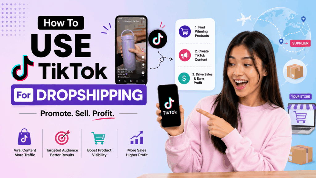 Woman holding a TikTok phone beside “TikTok for Dropshipping” text and e-commerce graphics.