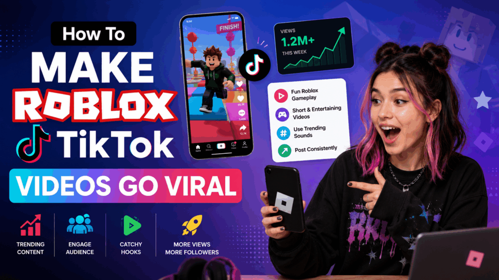 Woman holding a phone beside “Roblox TikTok Videos” text and viral growth graphics.