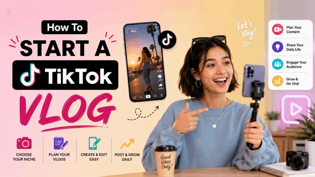 Woman filming a TikTok vlog beside “Start a TikTok Vlog” text and creator graphics.