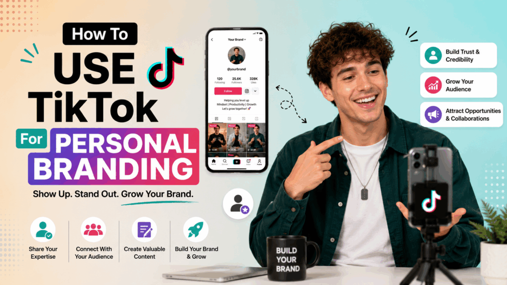 Young man creating TikTok content beside “Personal Branding” text and creator-themed graphics.